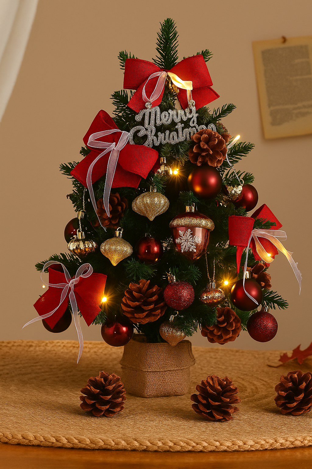 Mini Red & Gold Christmas Tree with Pinecones