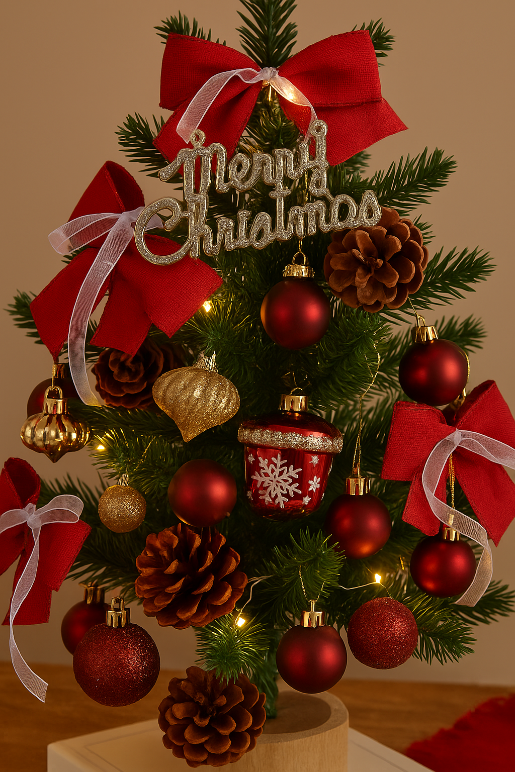 Mini Red & Gold Christmas Tree with Pinecones
