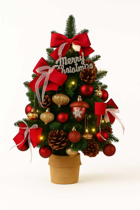 Mini Red & Gold Christmas Tree with Pinecones